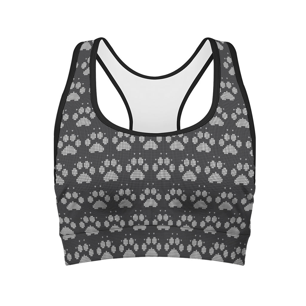 Grey And White Paw Knitted Pattern Print Women's Sports Bra