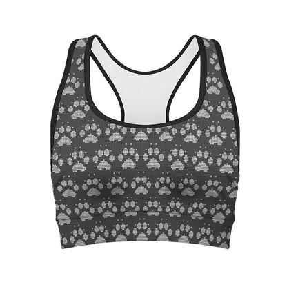 Grey And White Paw Knitted Pattern Print Women's Sports Bra