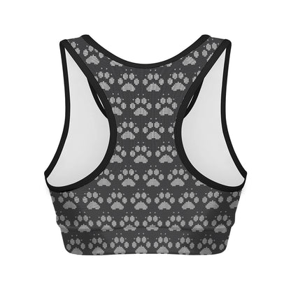 Grey And White Paw Knitted Pattern Print Women's Sports Bra
