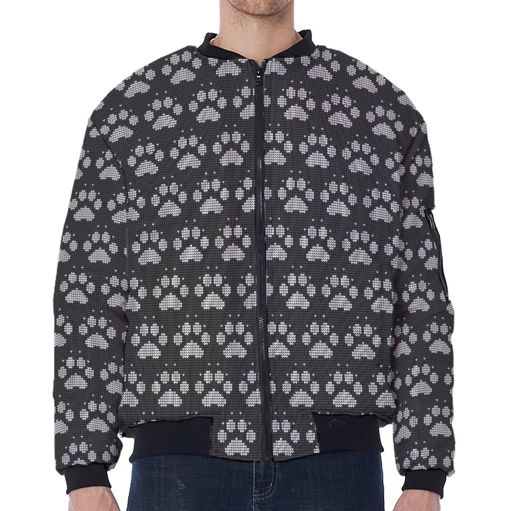 Grey And White Paw Knitted Pattern Print Zip Sleeve Bomber Jacket