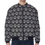 Grey And White Paw Knitted Pattern Print Zip Sleeve Bomber Jacket