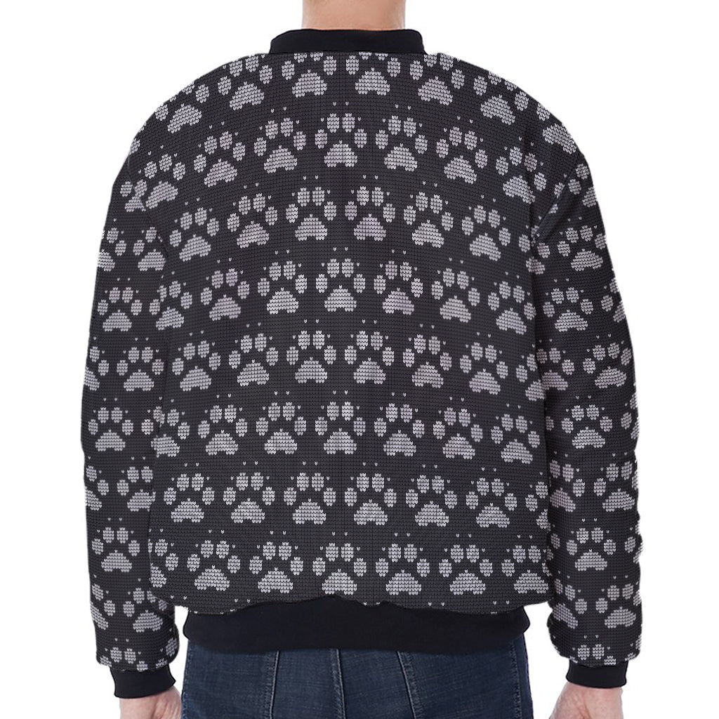 Grey And White Paw Knitted Pattern Print Zip Sleeve Bomber Jacket