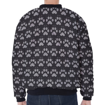 Grey And White Paw Knitted Pattern Print Zip Sleeve Bomber Jacket