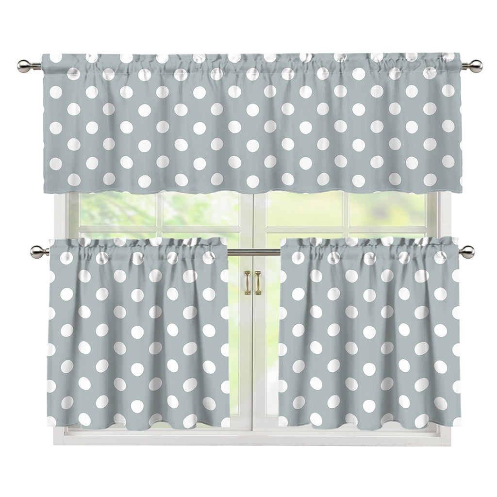 Grey And White Polka Dot Pattern Print 3 Piece Kitchen Curtains