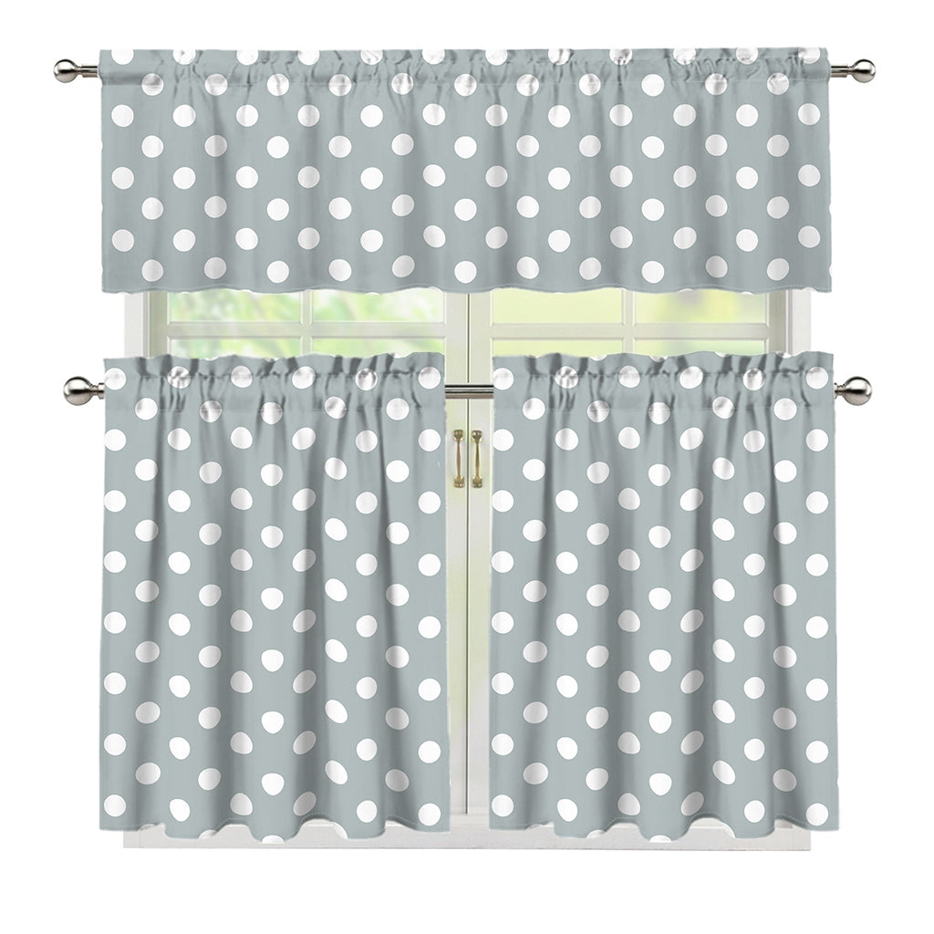 Grey And White Polka Dot Pattern Print 3 Piece Kitchen Curtains
