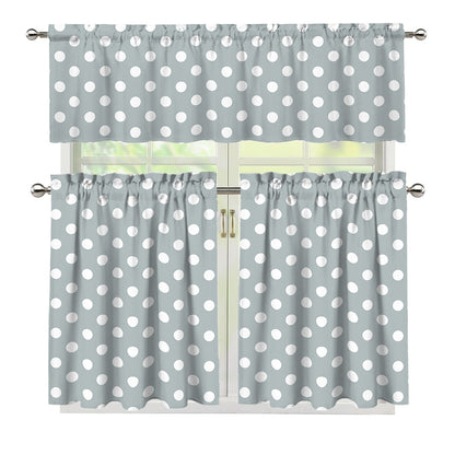 Grey And White Polka Dot Pattern Print 3 Piece Kitchen Curtains