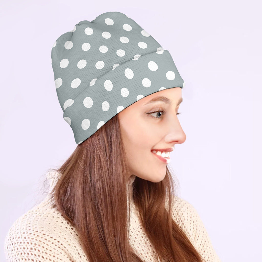 Grey And White Polka Dot Pattern Print Beanie