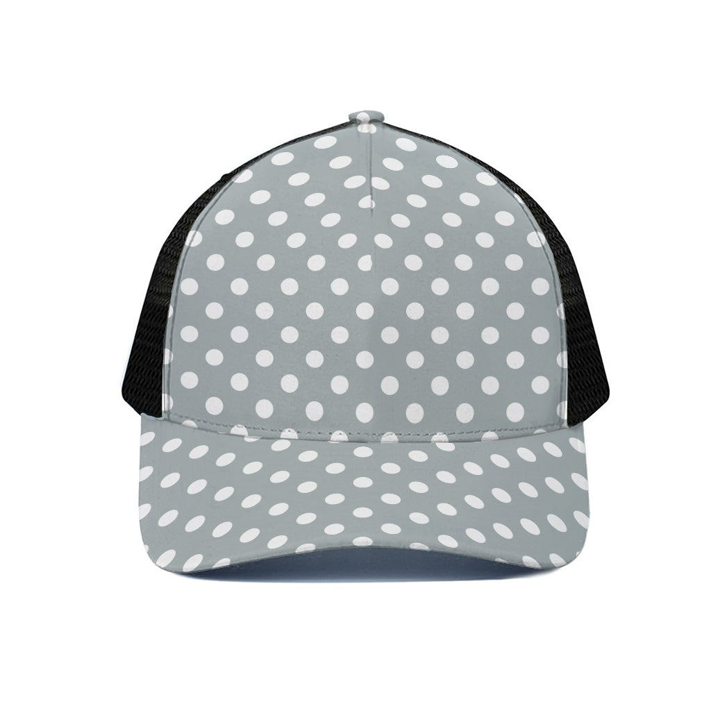 Grey And White Polka Dot Pattern Print Black Mesh Trucker Cap