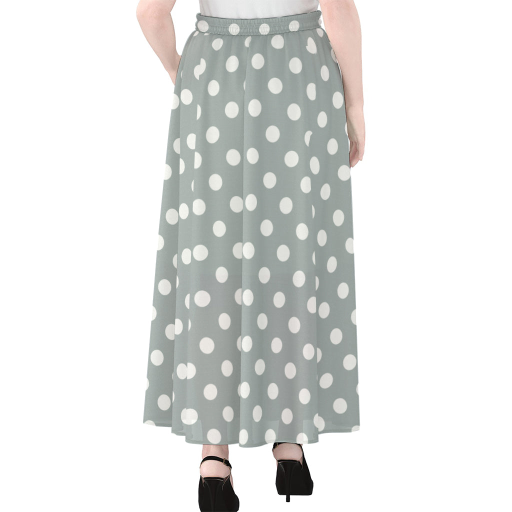 Grey And White Polka Dot Pattern Print Chiffon Maxi Skirt