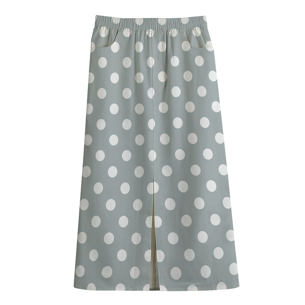 Grey And White Polka Dot Pattern Print Cotton Front Slit Maxi Skirt