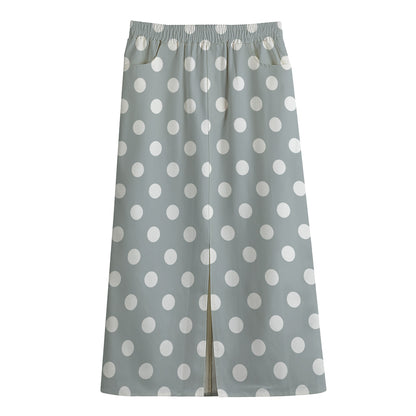 Grey And White Polka Dot Pattern Print Cotton Front Slit Maxi Skirt