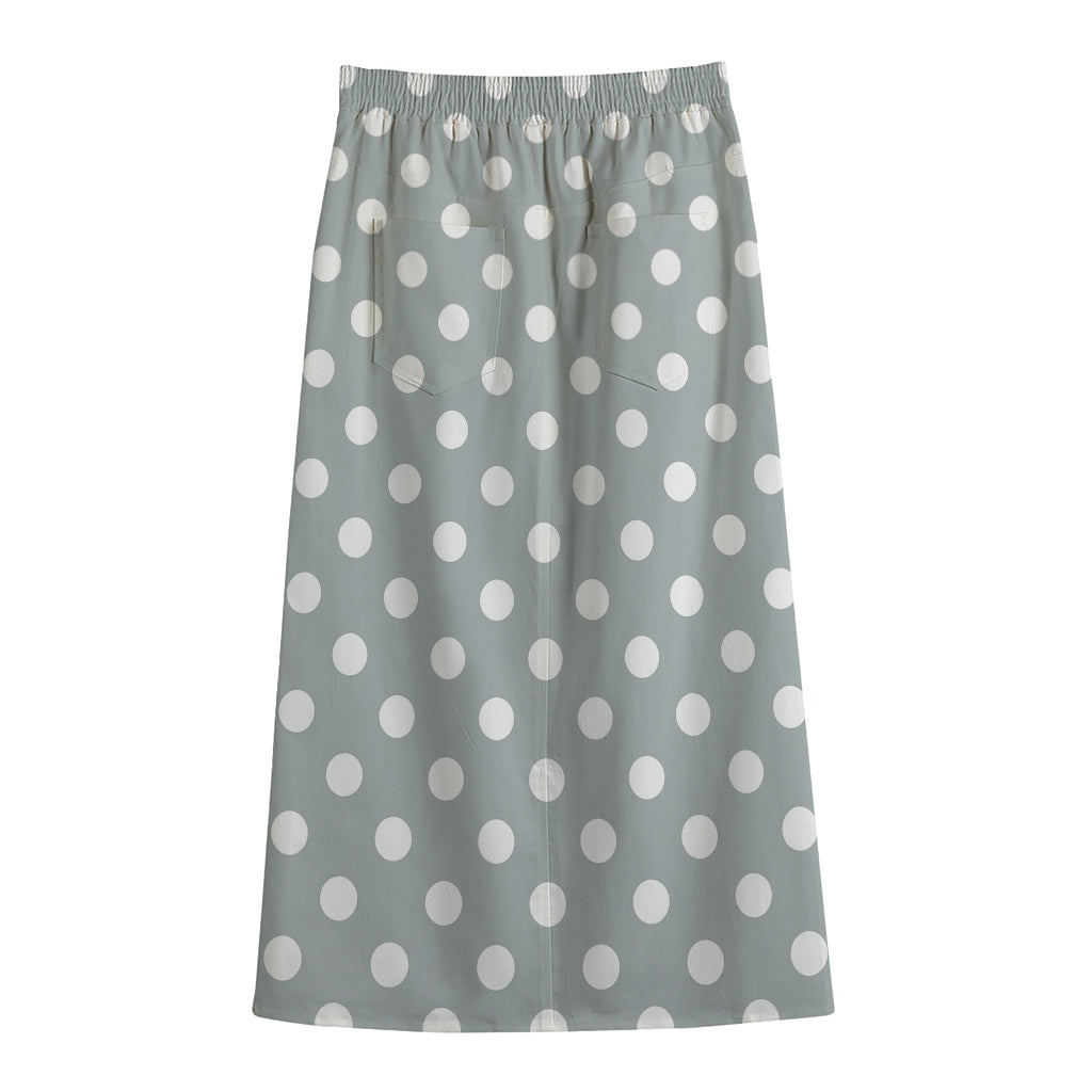 Grey And White Polka Dot Pattern Print Cotton Front Slit Maxi Skirt
