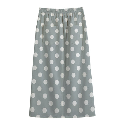 Grey And White Polka Dot Pattern Print Cotton Front Slit Maxi Skirt