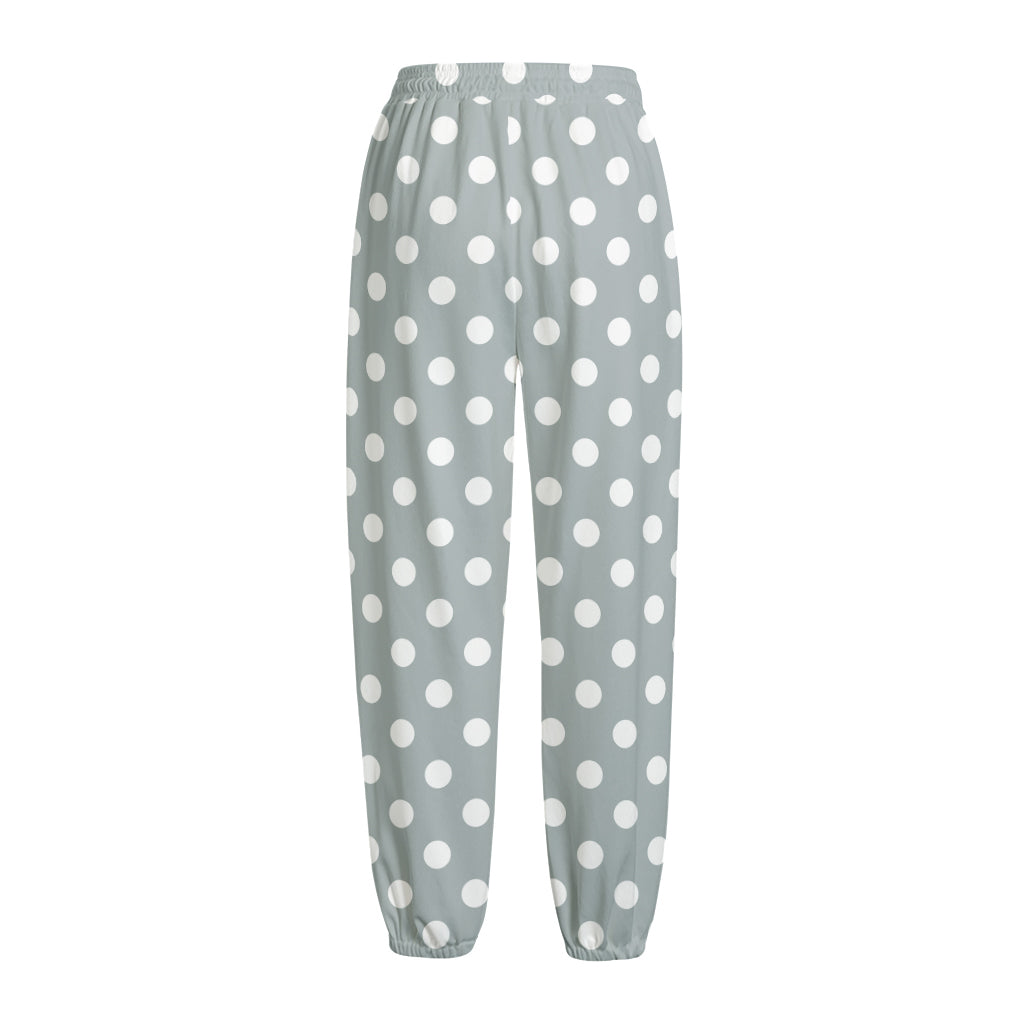 Grey And White Polka Dot Pattern Print Fleece Lined Knit Pants