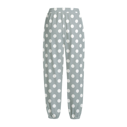 Grey And White Polka Dot Pattern Print Fleece Lined Knit Pants