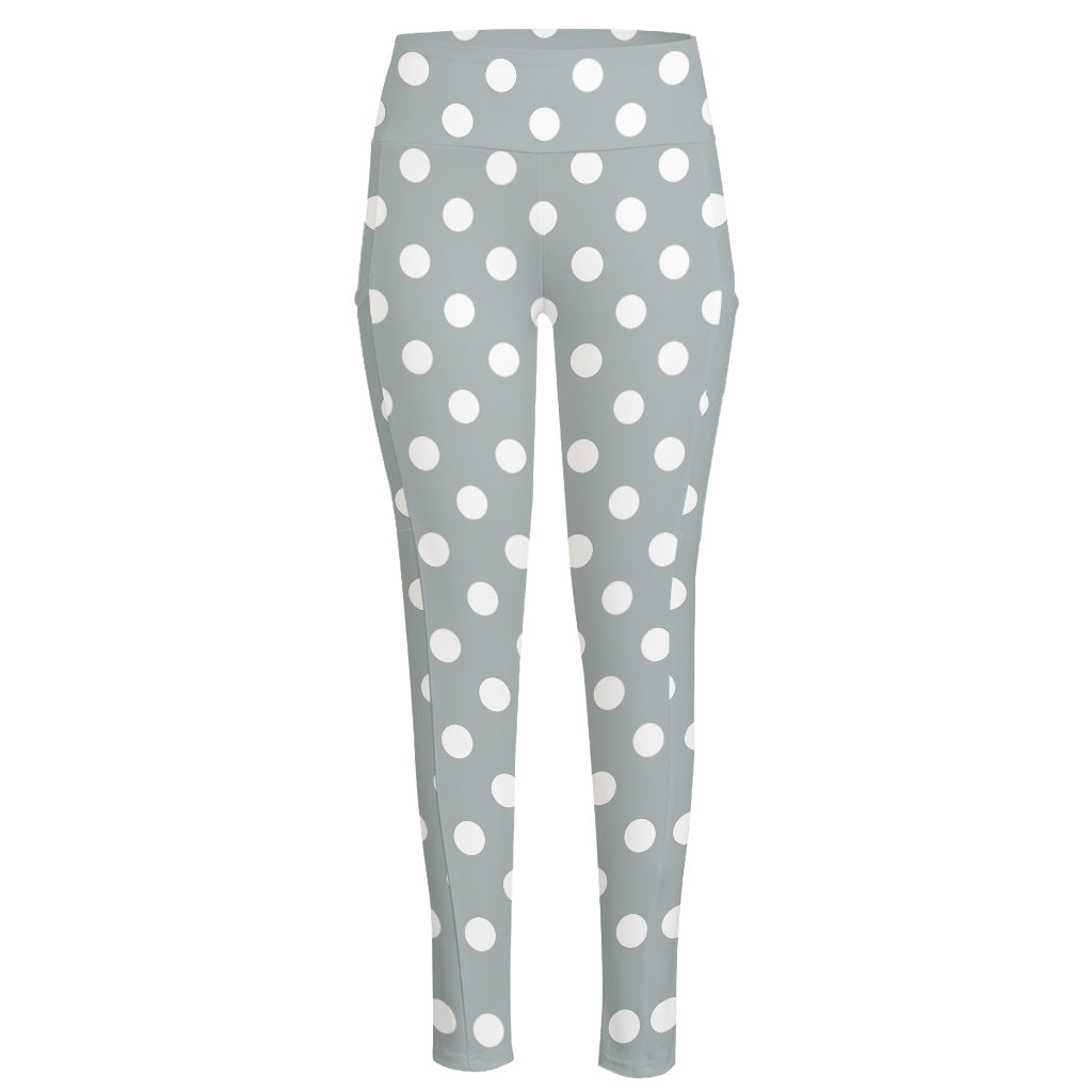 Grey And White Polka Dot Pattern Print High-Waisted Pocket Leggings