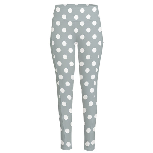 Grey And White Polka Dot Pattern Print High-Waisted Pocket Leggings