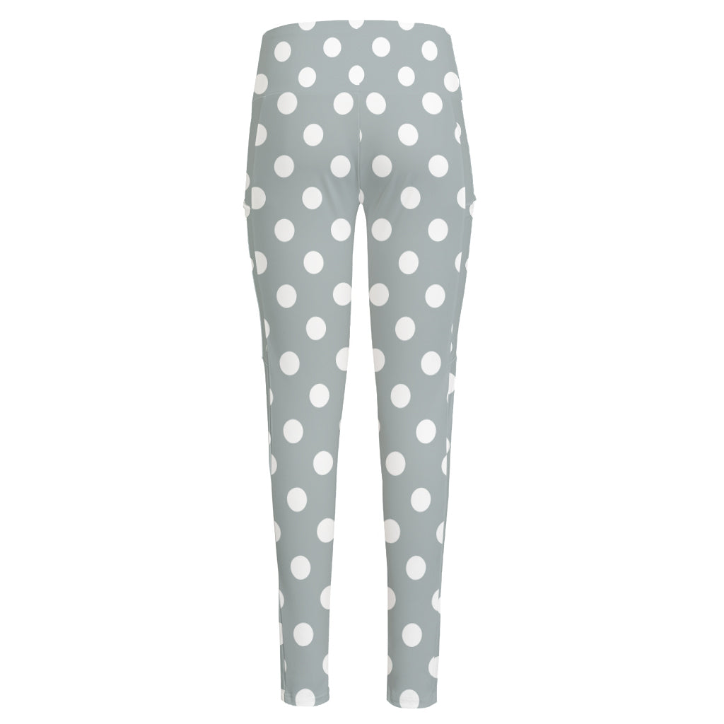Grey And White Polka Dot Pattern Print High-Waisted Pocket Leggings