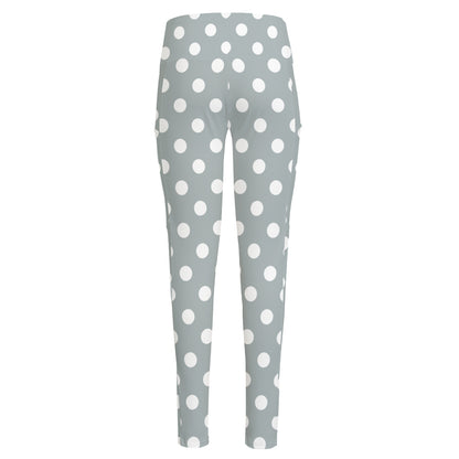 Grey And White Polka Dot Pattern Print High-Waisted Pocket Leggings