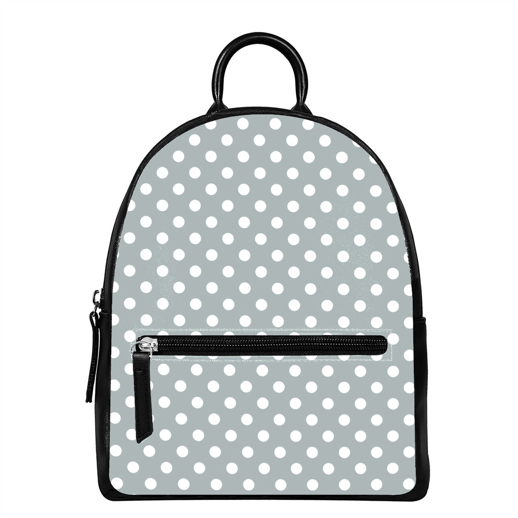 Grey And White Polka Dot Pattern Print Leather Backpack