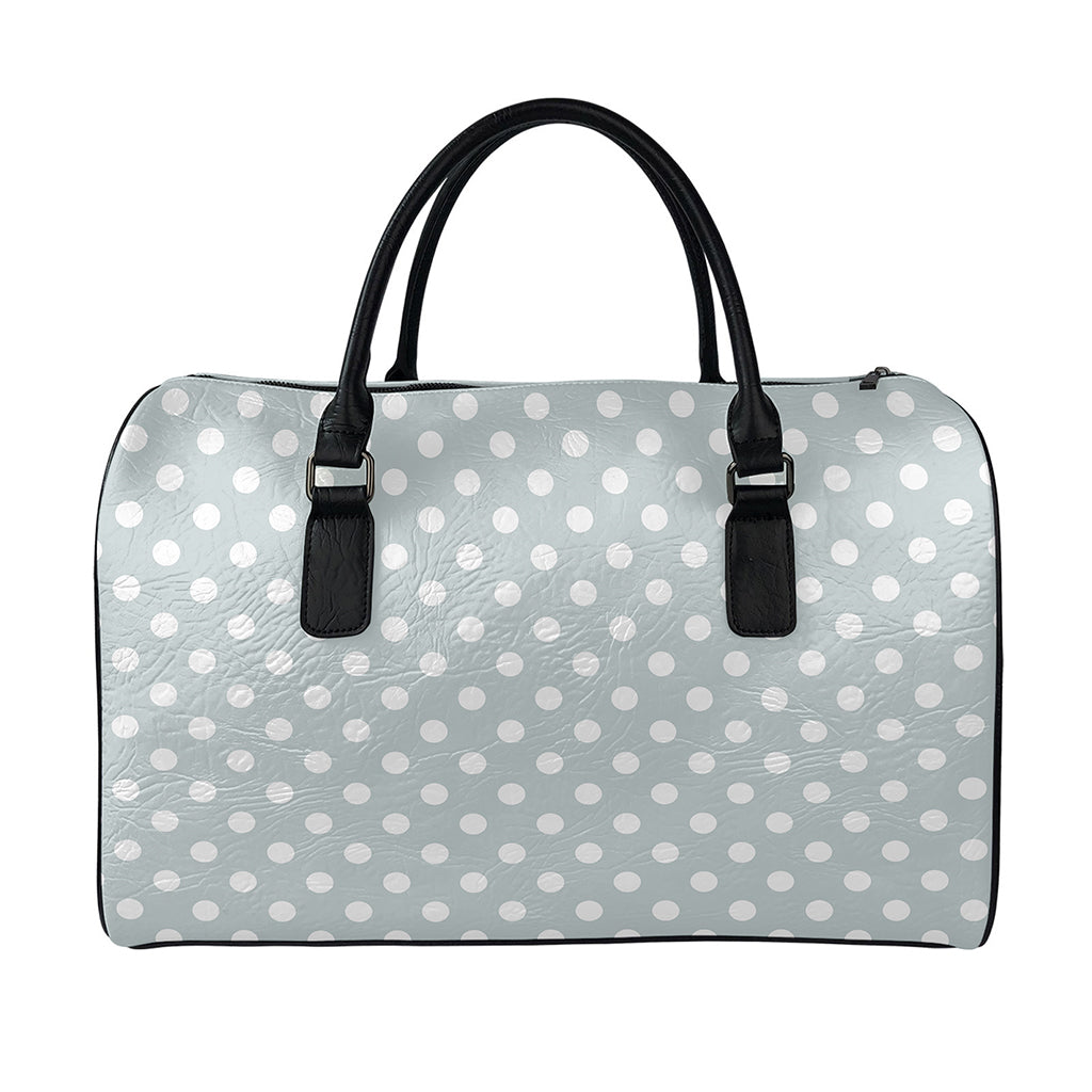 Grey And White Polka Dot Pattern Print Leather Duffle Bag