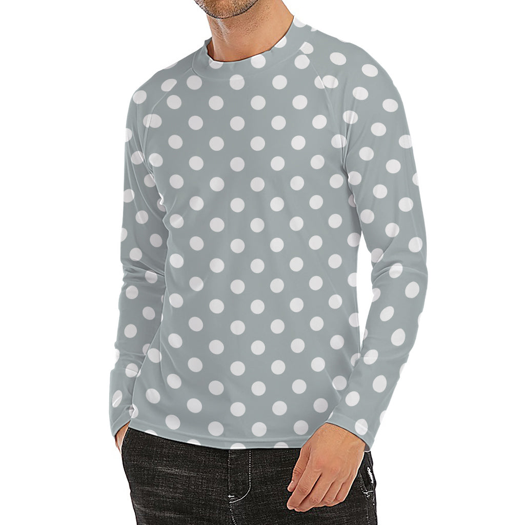 Grey And White Polka Dot Pattern Print Men's Long Sleeve Rash Guard
