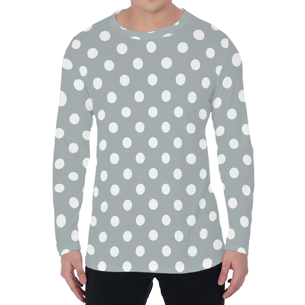 Grey And White Polka Dot Pattern Print Men's Long Sleeve T-Shirt