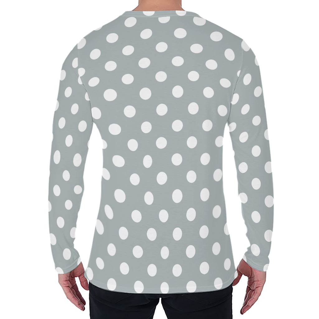 Grey And White Polka Dot Pattern Print Men's Long Sleeve T-Shirt