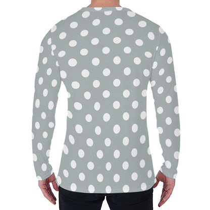 Grey And White Polka Dot Pattern Print Men's Long Sleeve T-Shirt