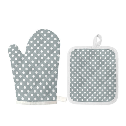 Grey And White Polka Dot Pattern Print Oven Mitt And Pot Holder Set