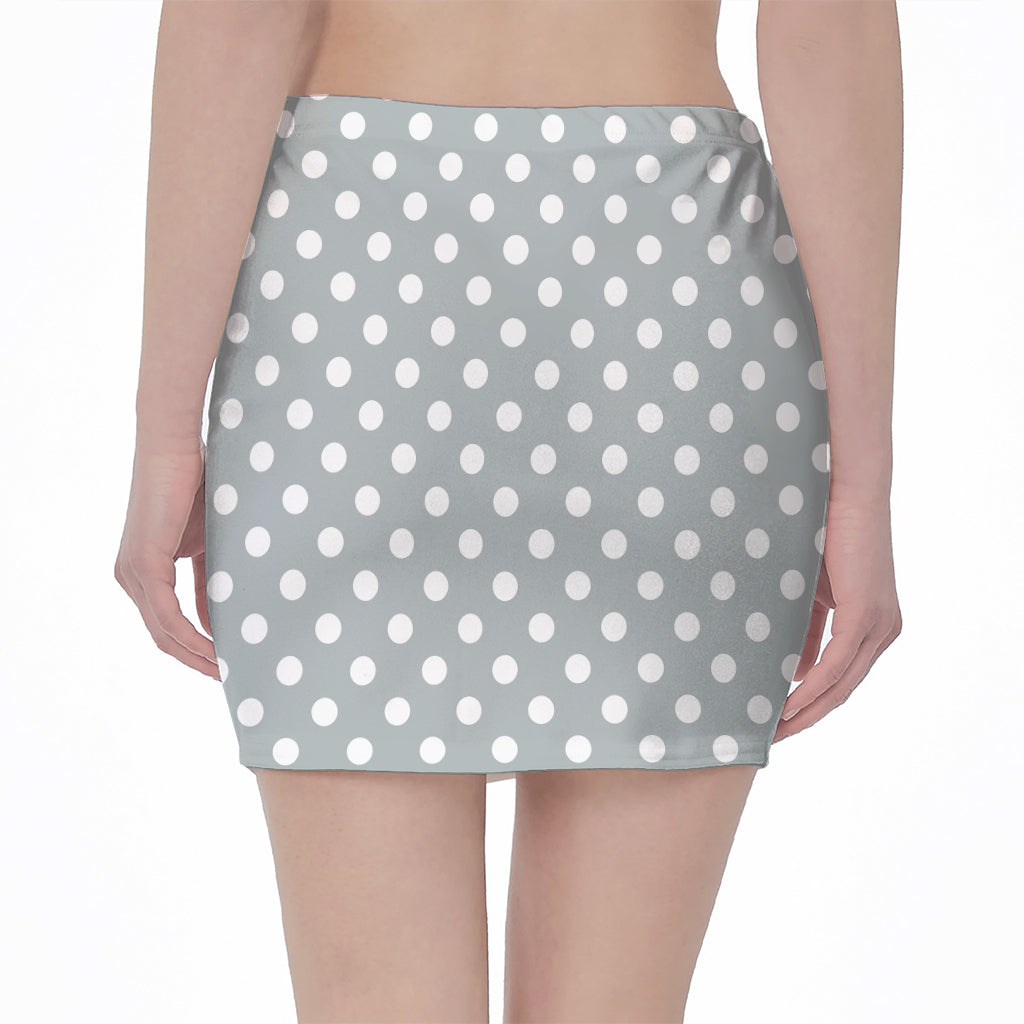 Grey And White Polka Dot Pattern Print Pencil Mini Skirt