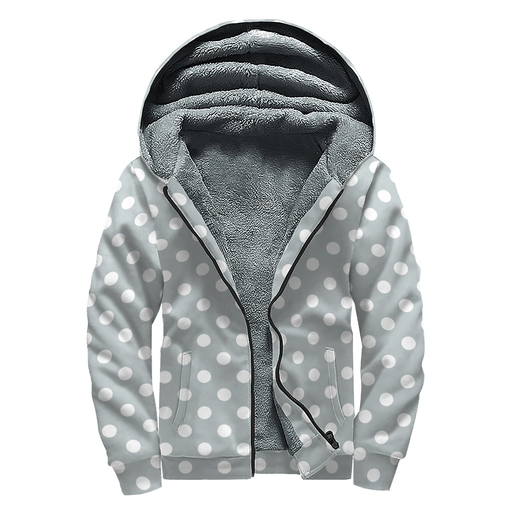 Grey And White Polka Dot Pattern Print Sherpa Lined Zip Up Hoodie