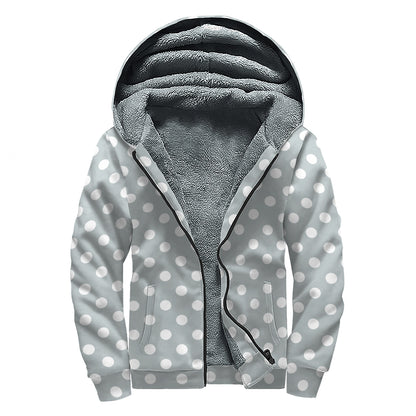 Grey And White Polka Dot Pattern Print Sherpa Lined Zip Up Hoodie