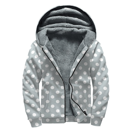 Grey And White Polka Dot Pattern Print Sherpa Lined Zip Up Hoodie