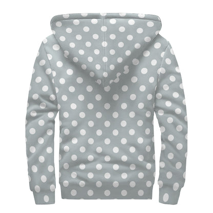 Grey And White Polka Dot Pattern Print Sherpa Lined Zip Up Hoodie
