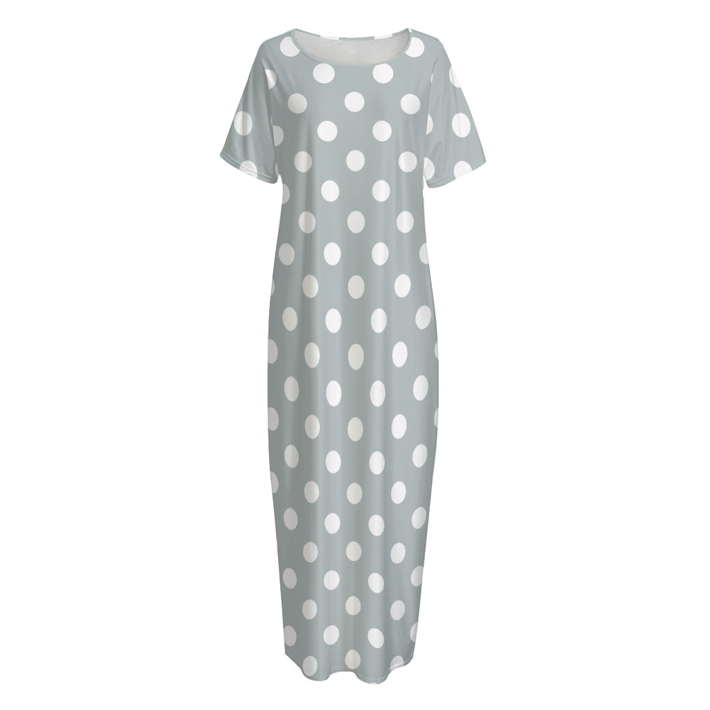 Grey And White Polka Dot Pattern Print Short Sleeve Long Nightdress