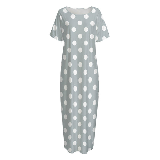 Grey And White Polka Dot Pattern Print Short Sleeve Long Nightdress
