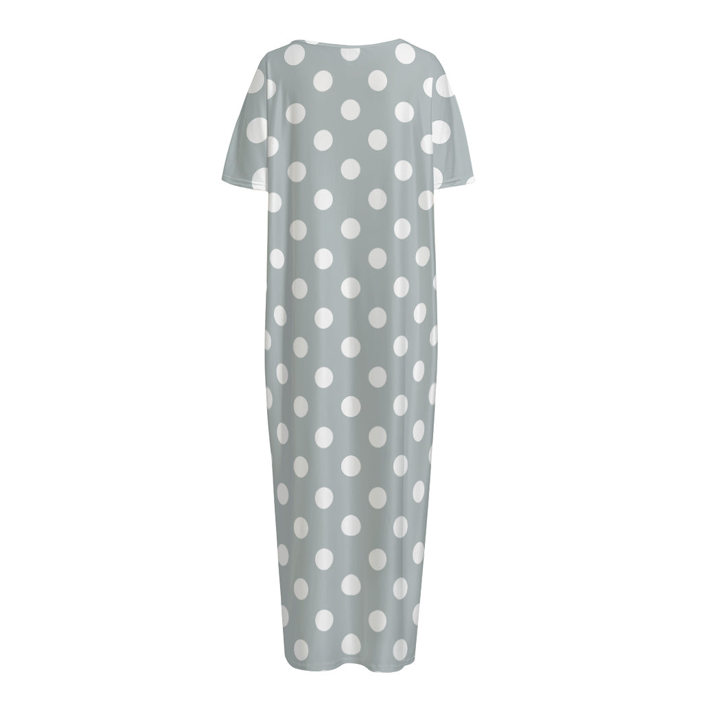 Grey And White Polka Dot Pattern Print Short Sleeve Long Nightdress