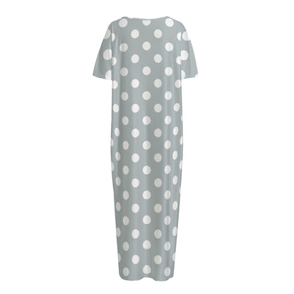 Grey And White Polka Dot Pattern Print Short Sleeve Long Nightdress