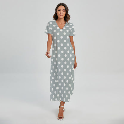 Grey And White Polka Dot Pattern Print Short Sleeve Maxi Dress