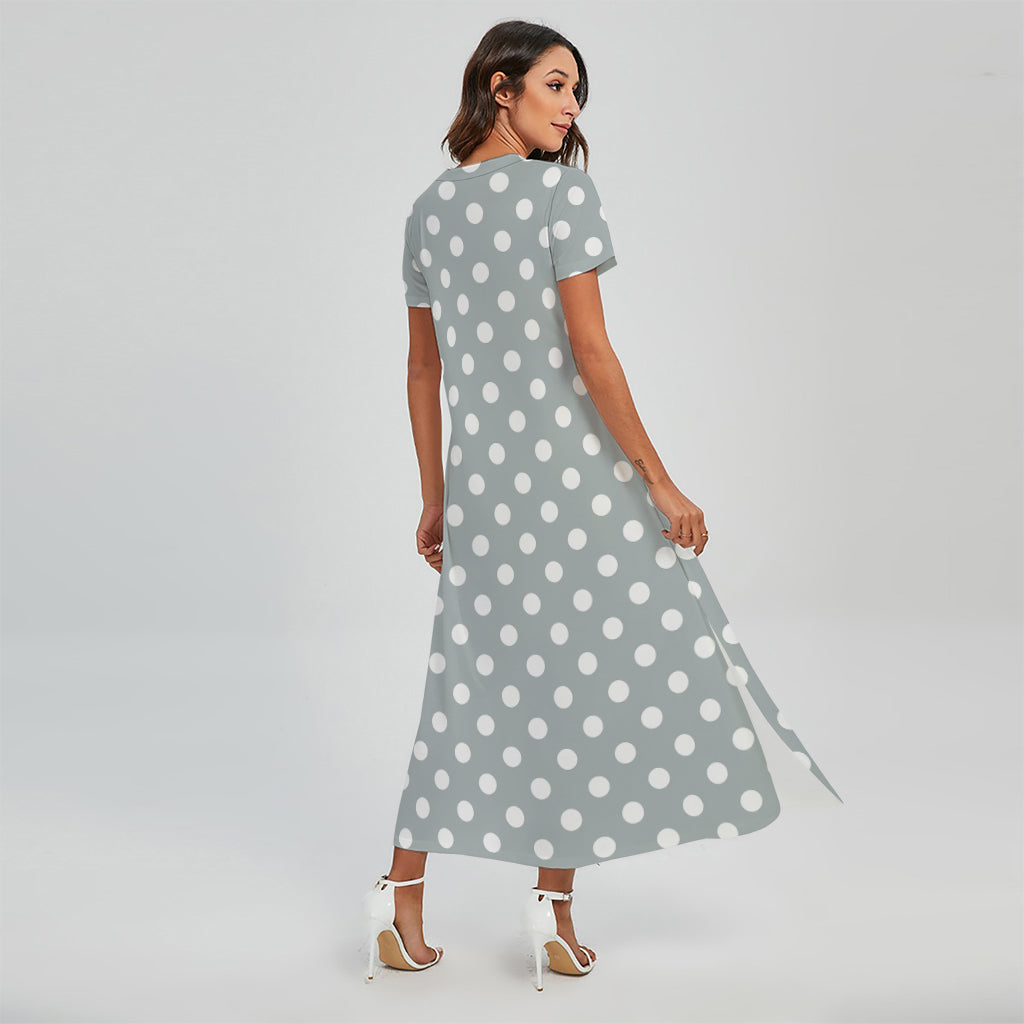 Grey And White Polka Dot Pattern Print Short Sleeve Maxi Dress