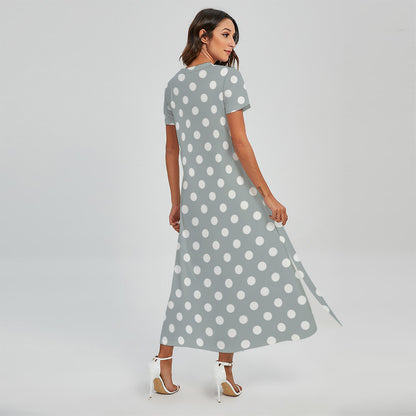 Grey And White Polka Dot Pattern Print Short Sleeve Maxi Dress