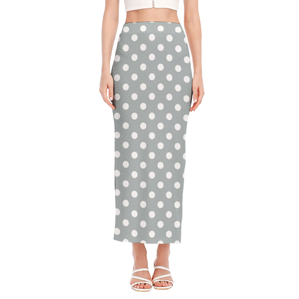 Grey And White Polka Dot Pattern Print Side Slit Maxi Skirt