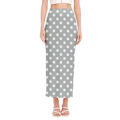 Grey And White Polka Dot Pattern Print Side Slit Maxi Skirt