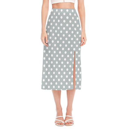Grey And White Polka Dot Pattern Print Side Slit Midi Skirt