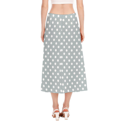 Grey And White Polka Dot Pattern Print Side Slit Midi Skirt