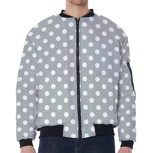 Grey And White Polka Dot Pattern Print Zip Sleeve Bomber Jacket