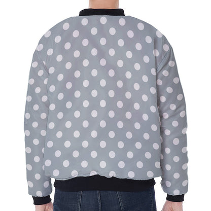 Grey And White Polka Dot Pattern Print Zip Sleeve Bomber Jacket