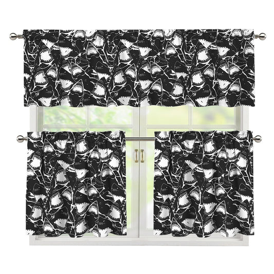 Grey And White Shark Pattern Print 3 Piece Kitchen Curtains