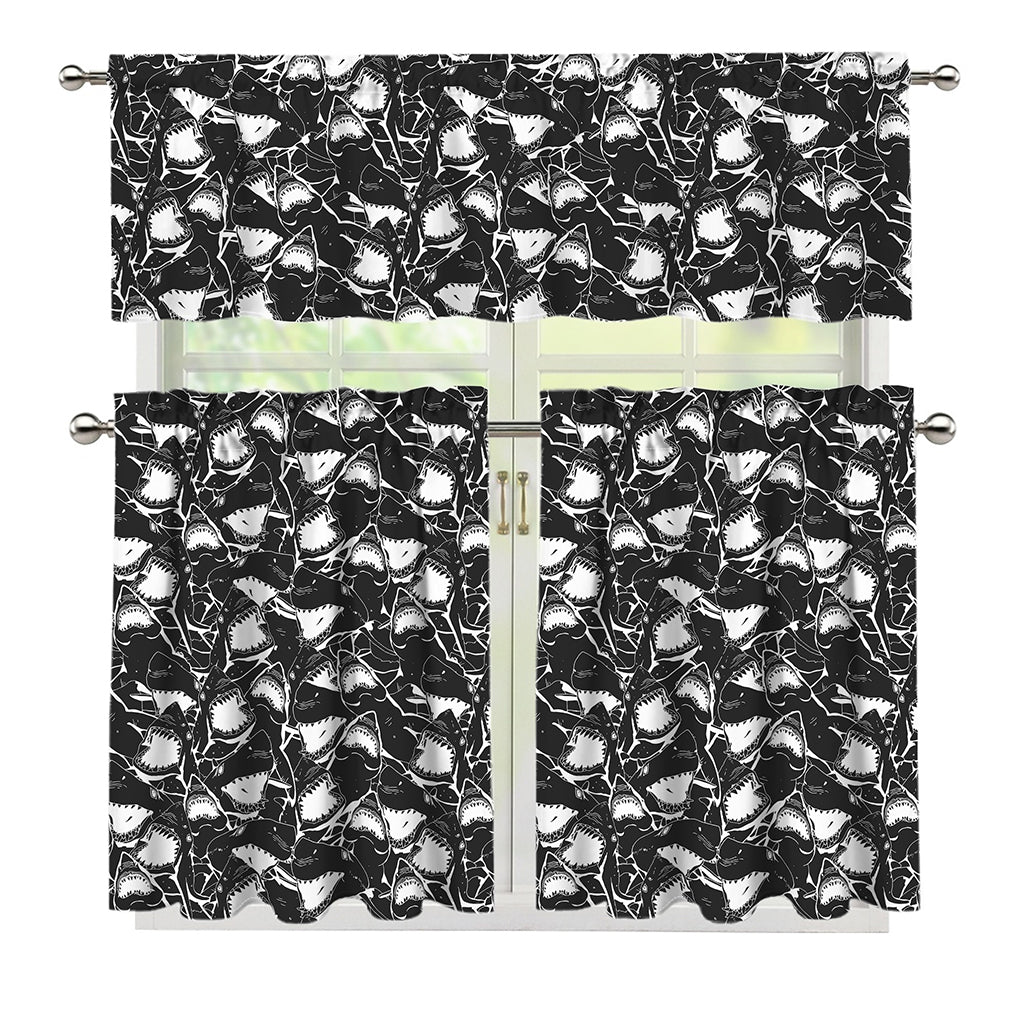 Grey And White Shark Pattern Print 3 Piece Kitchen Curtains